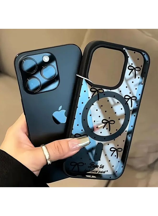 Black Polka Dot Bow Magnetic Wireless Charging Anti Drop Case For iPhone 16 Pro Max - Image 2